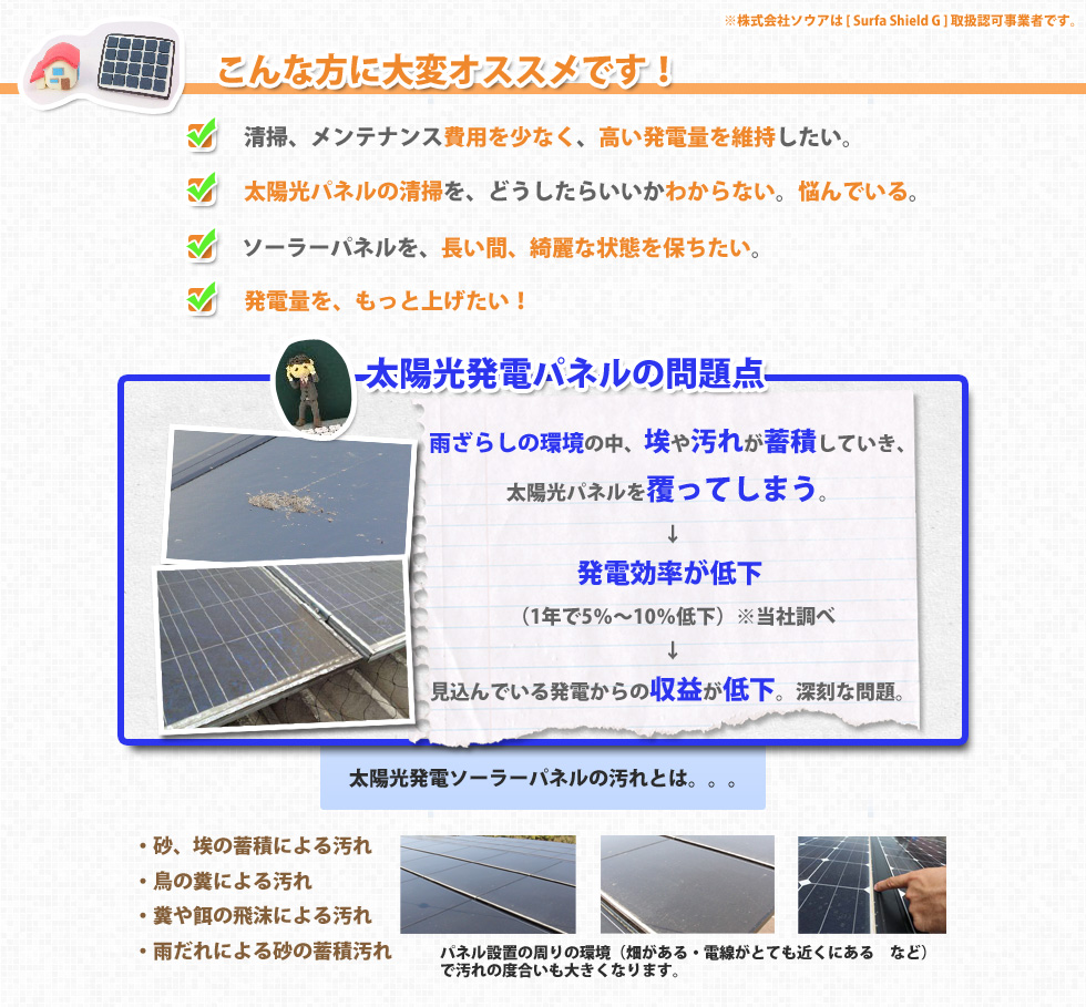太陽光パネルの清掃・メンテナンス代を減らし、発電量をアップする。