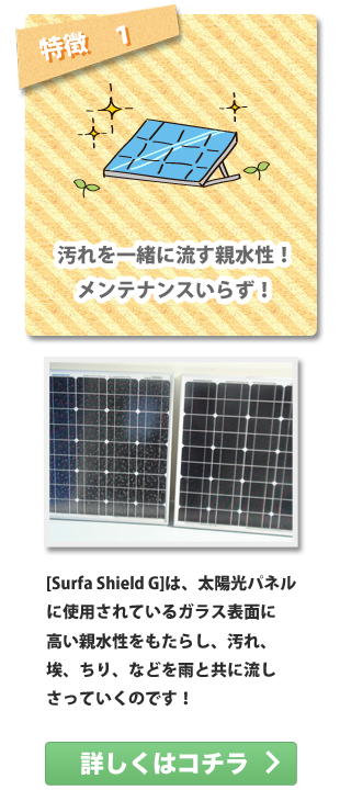 汚れを一緒に流す親水性で、太陽光パネルの汚れも一緒に流します。